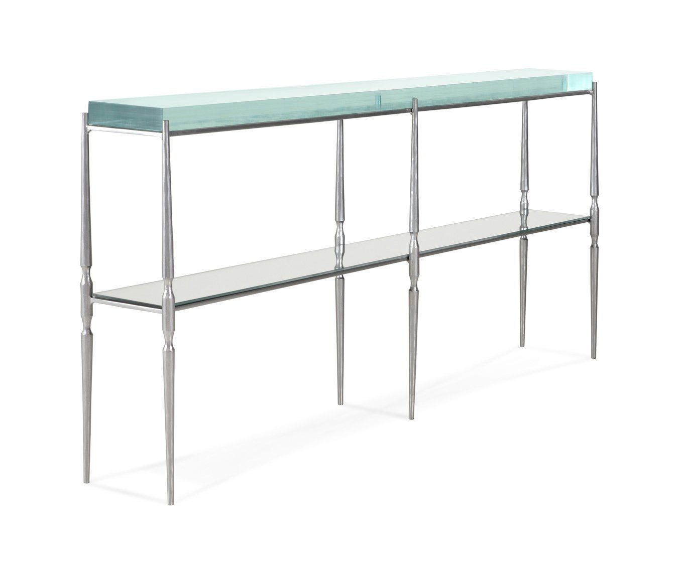 A long stainless steel console table with a glass top and two shelves.