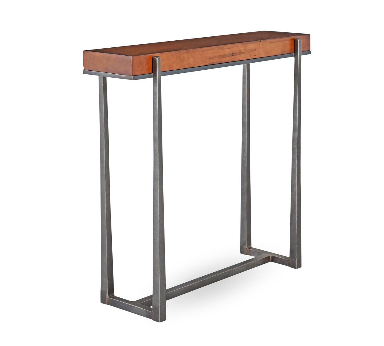 A small wooden table with a metal frame on a white background.