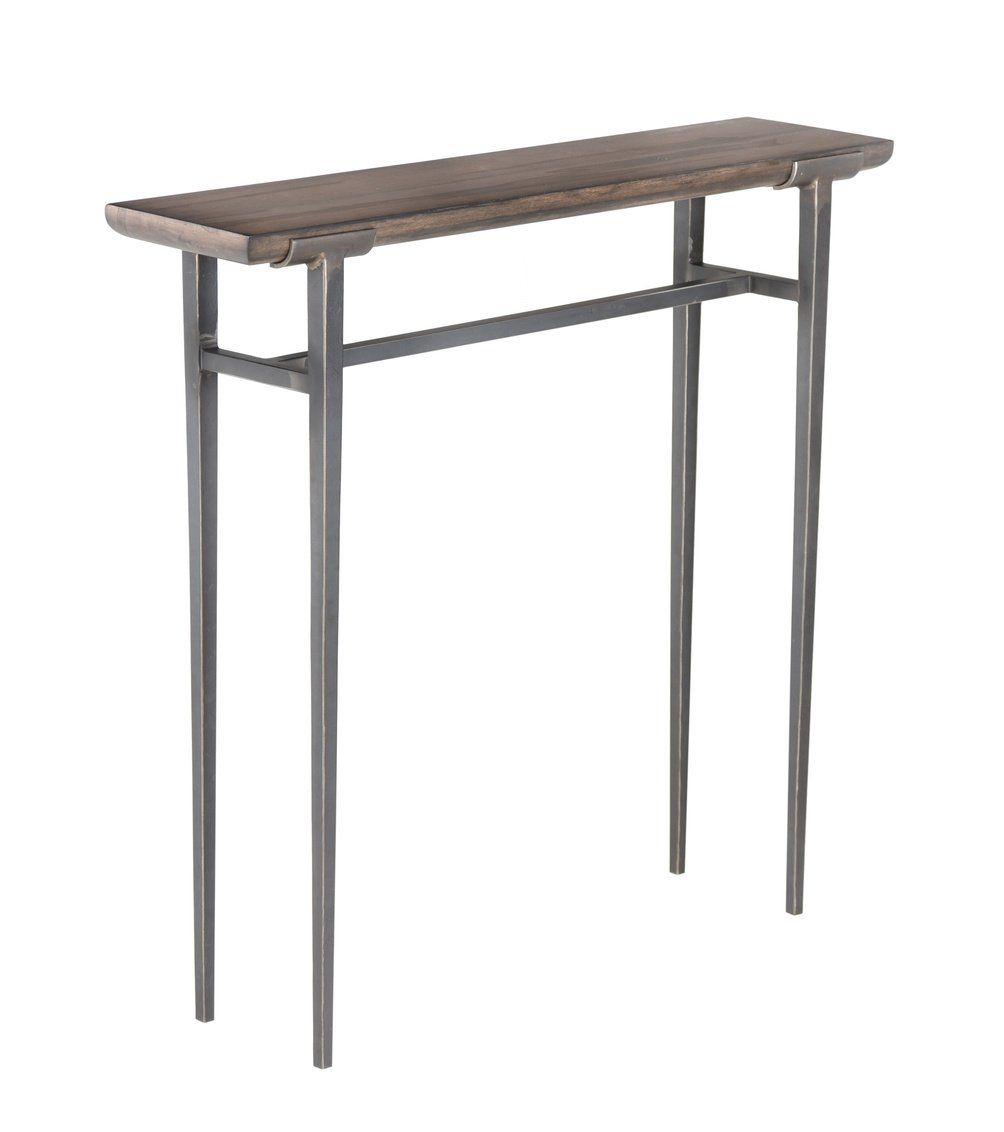 A wooden console table with metal legs on a white background.
