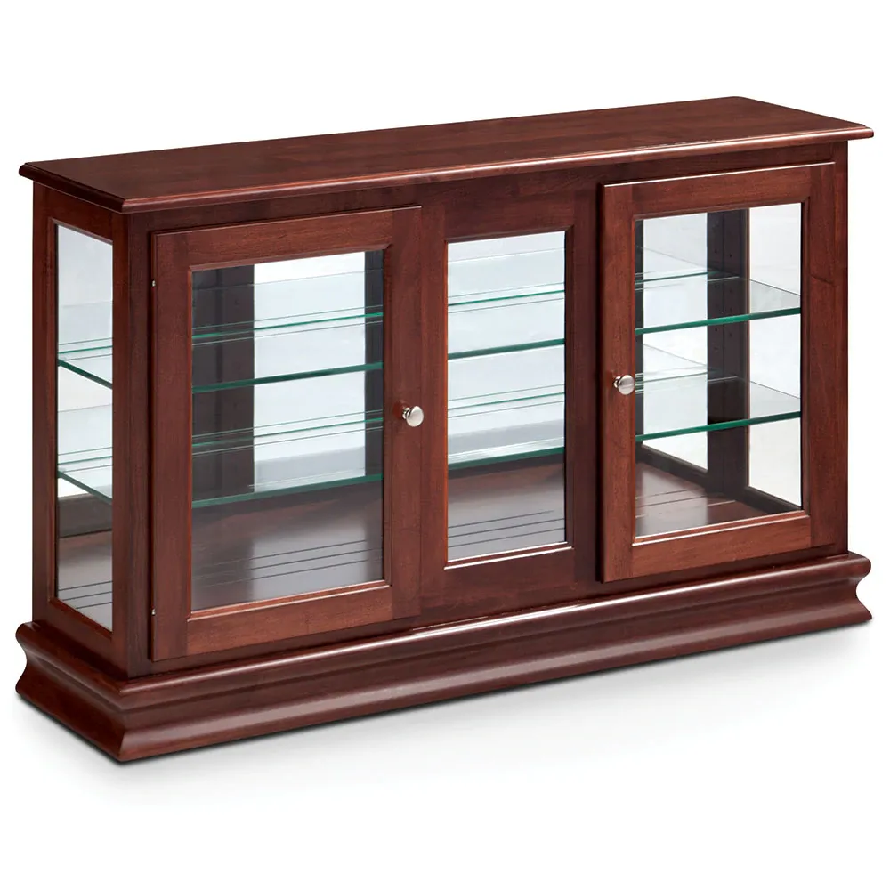 A wooden cabinet with glass doors and shelves