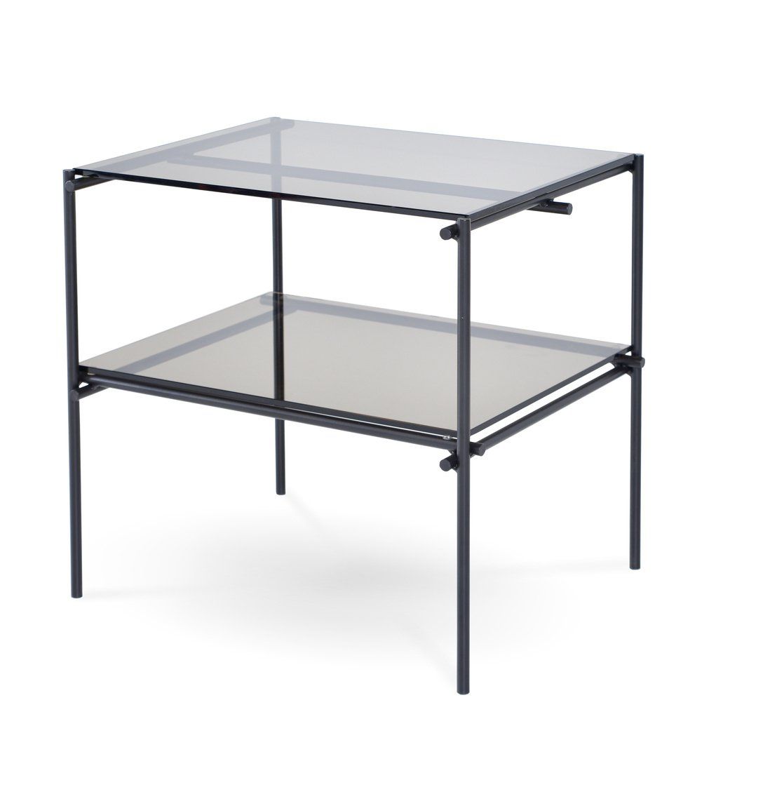 A small table with a clear glass top and a smoked glass shelf.