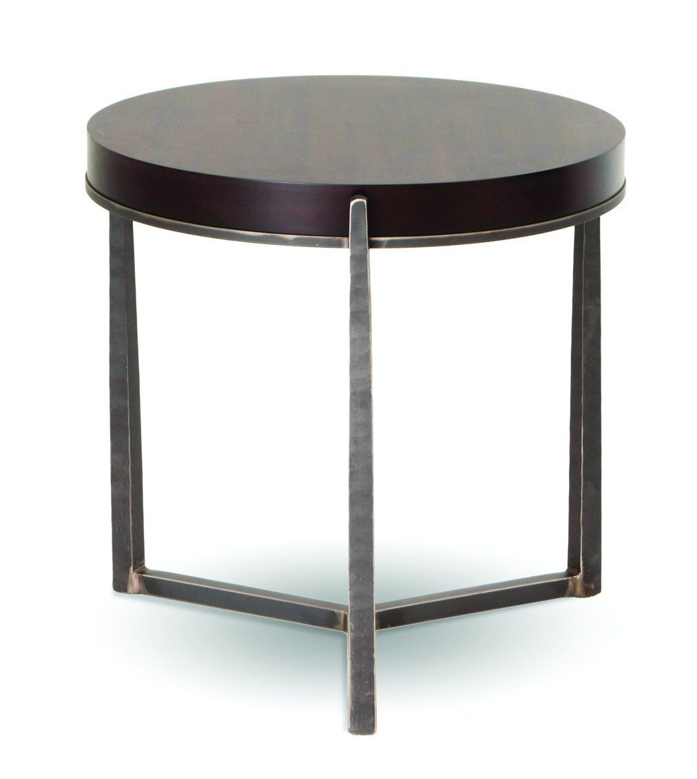 A round table with a metal frame and a wooden top