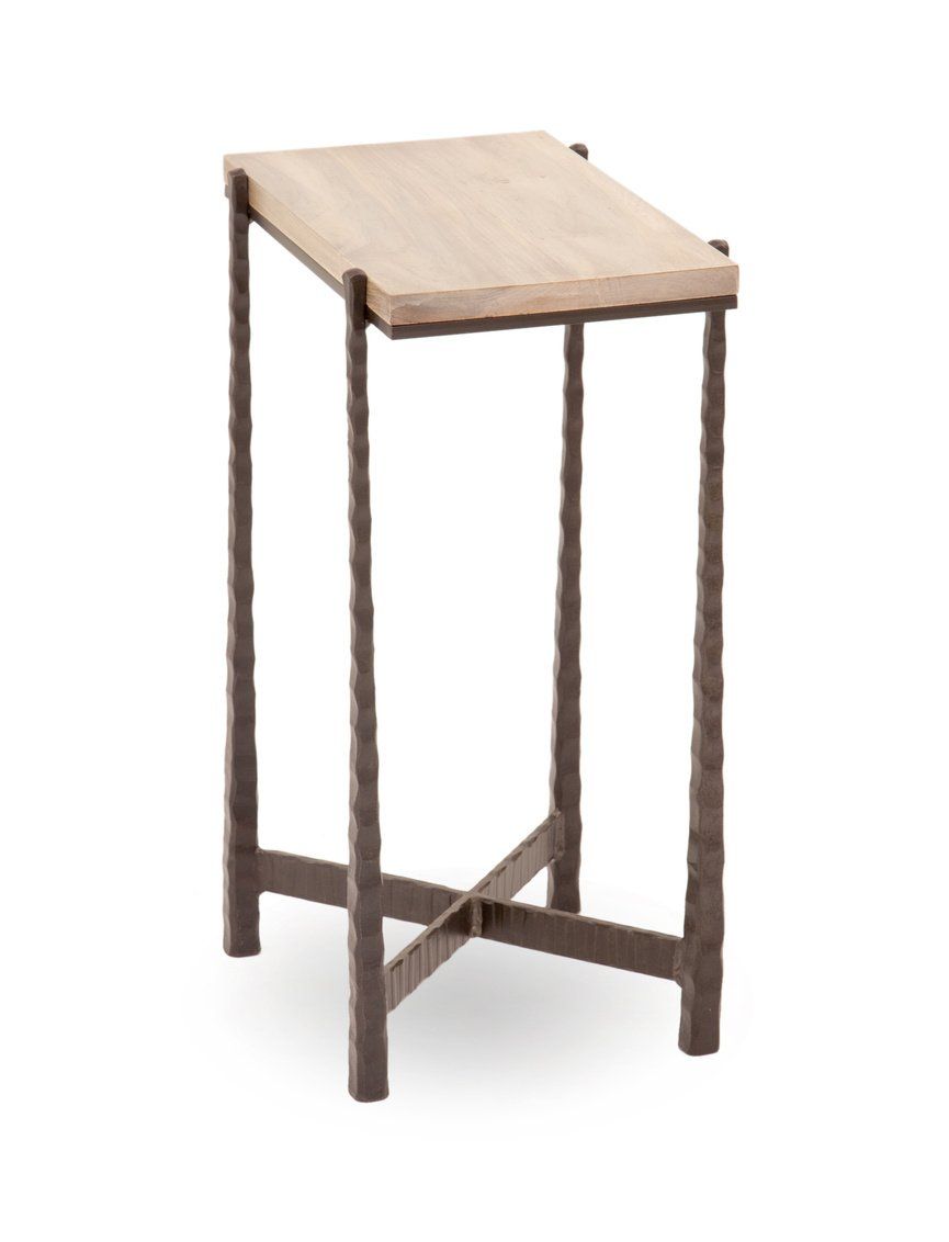 A small table with a wooden top and metal legs