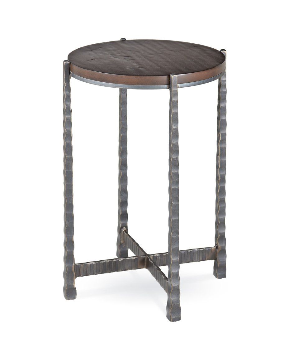 A small table with a wooden top and metal legs on a white background.