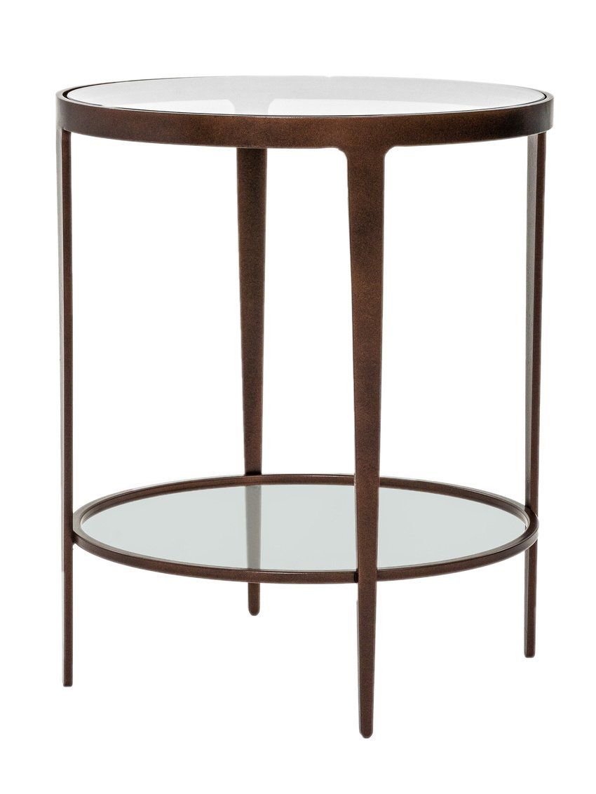 A round table with a glass shelf underneath it on a white background.
