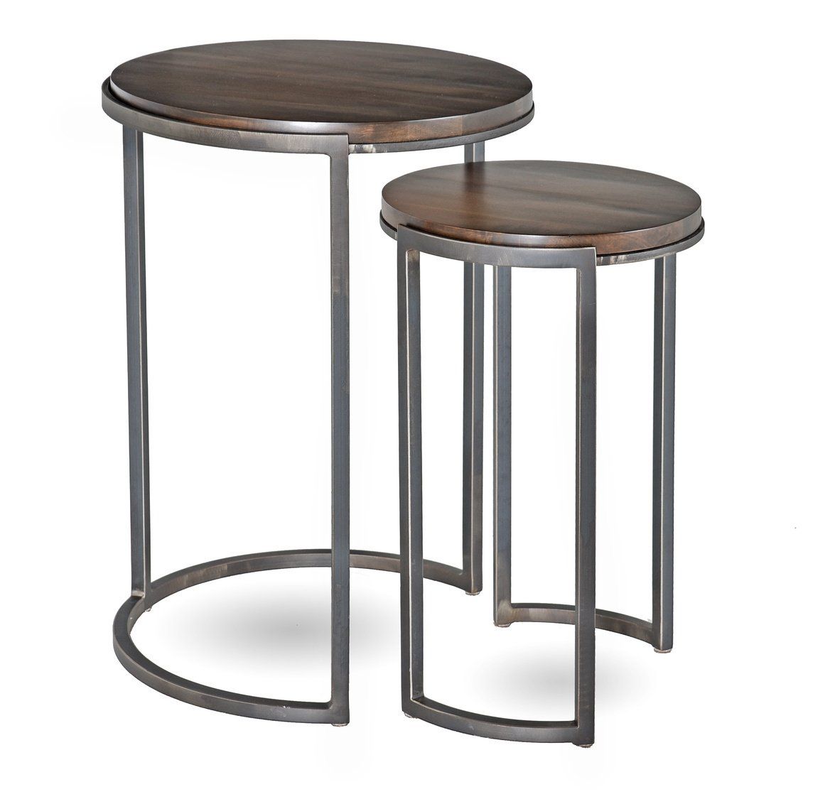 Two wooden tables with metal legs on a white background.