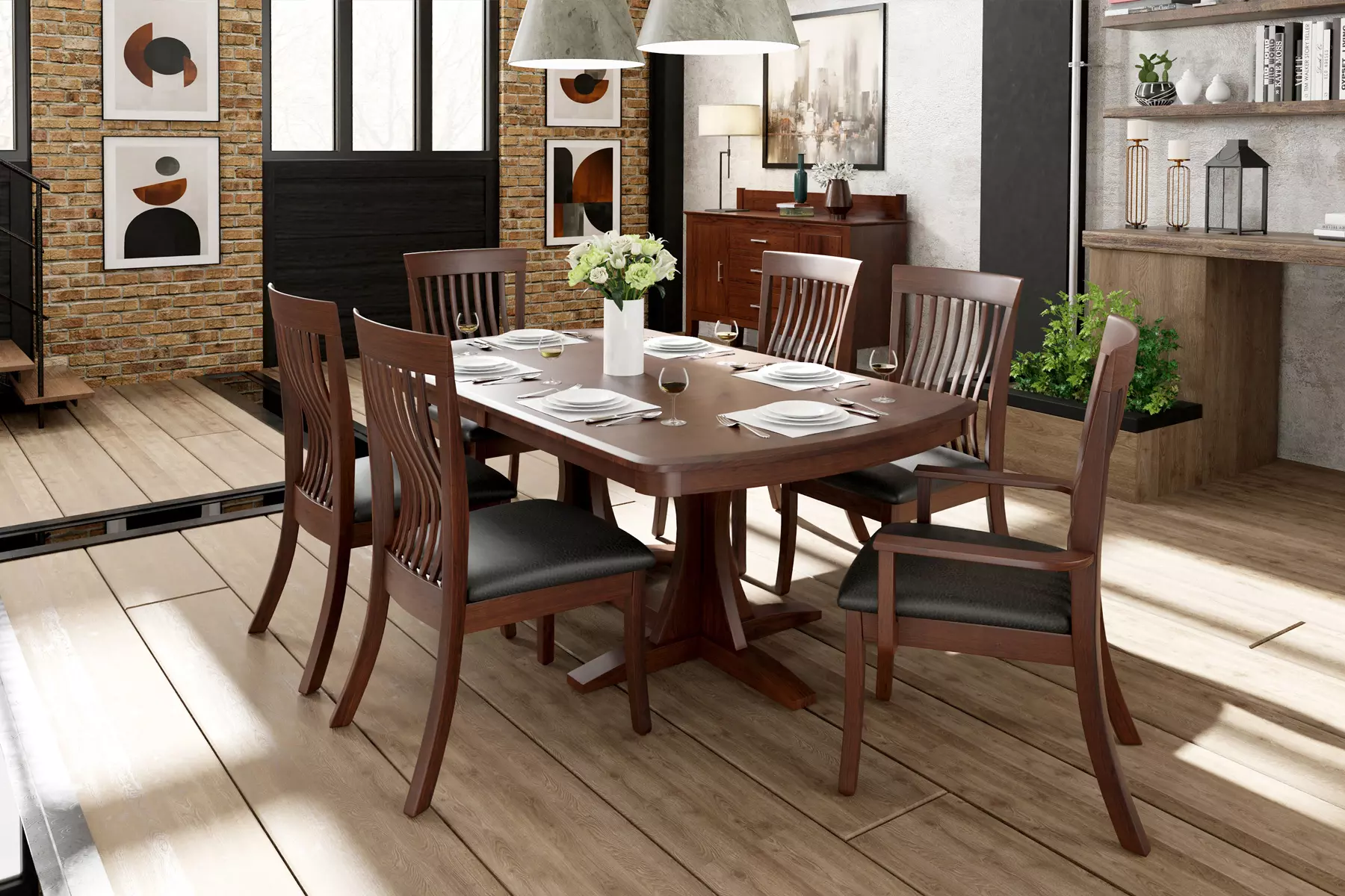 A dining room with a table and chairs in it