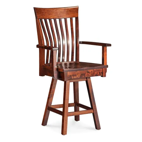 A wooden bar stool with a wooden seat and arm rests on a white background.