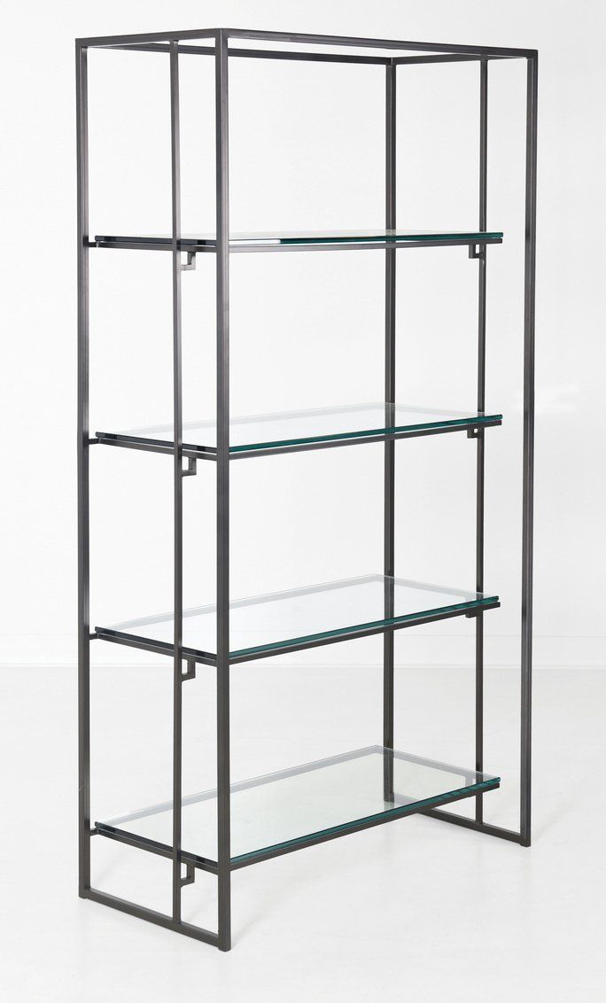 A shelf with glass shelves and a metal frame