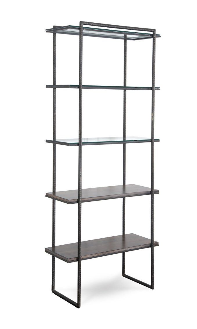 A bookshelf with a metal frame and wooden shelves on a white background.