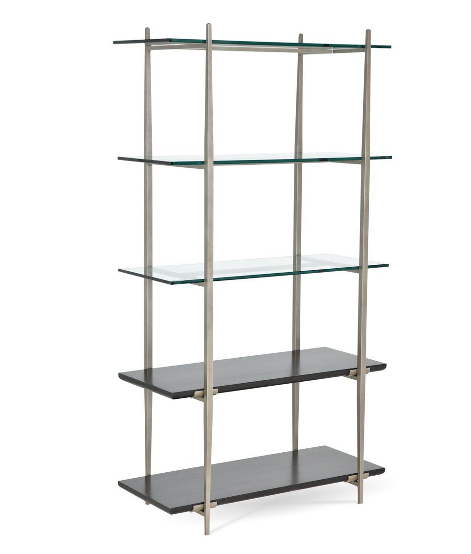 A bookshelf with four shelves made of glass and wood on a white background.