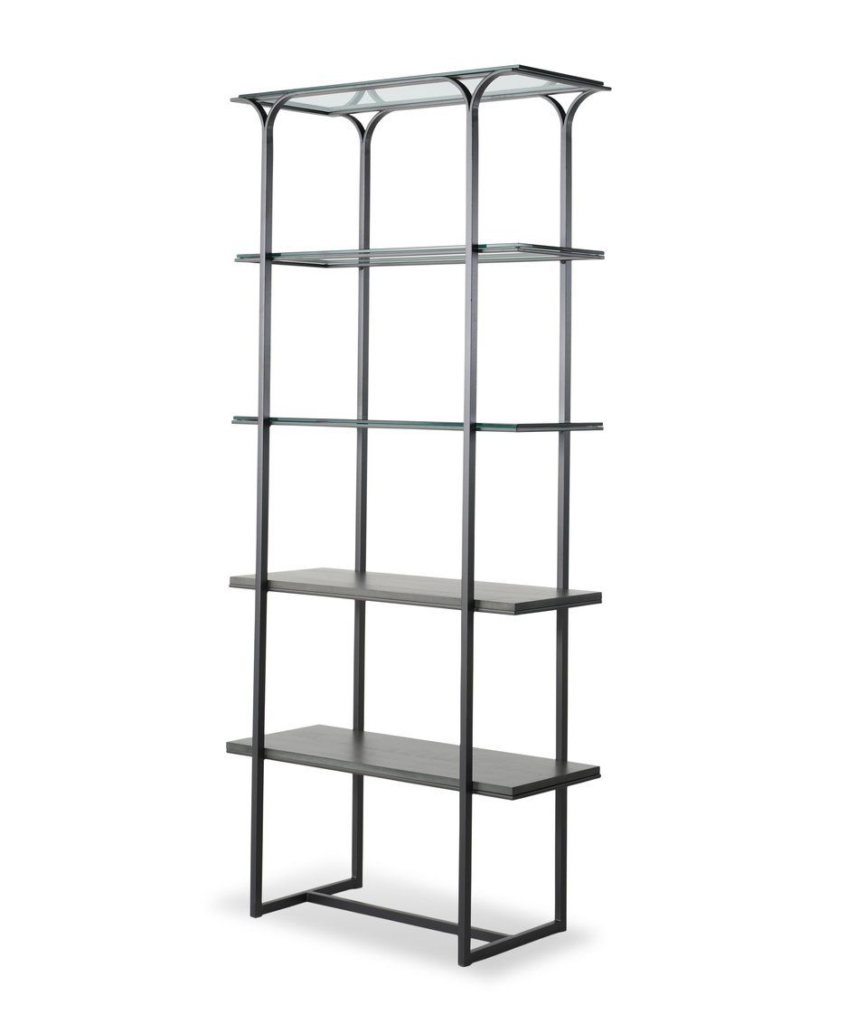 A black metal bookshelf with glass shelves on a white background.