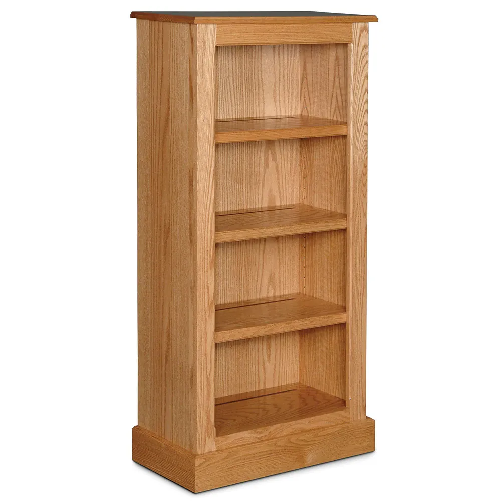 A wooden bookcase with four shelves on a white background