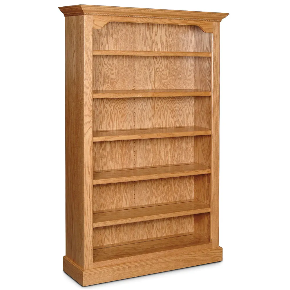 A large wooden bookcase with lots of shelves