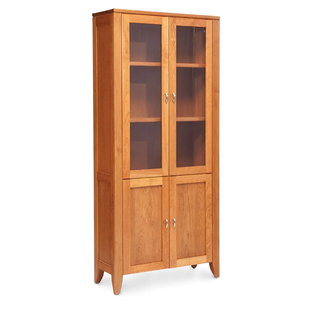 A wooden cabinet with glass doors and shelves