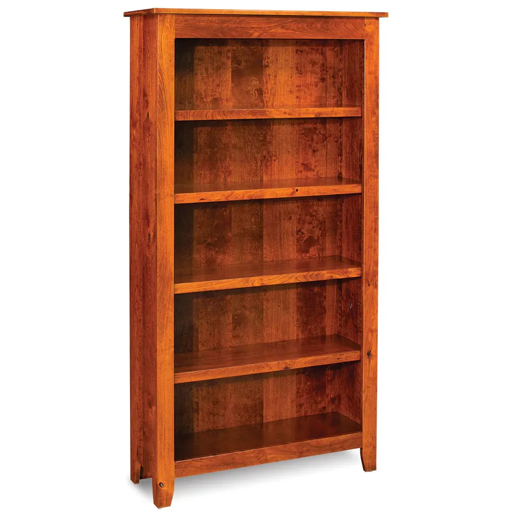 A wooden bookcase with five shelves on a white background