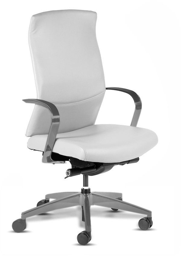 A white office chair with wheels on a white background.