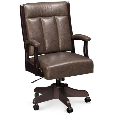 A brown leather office chair with wheels on a white background