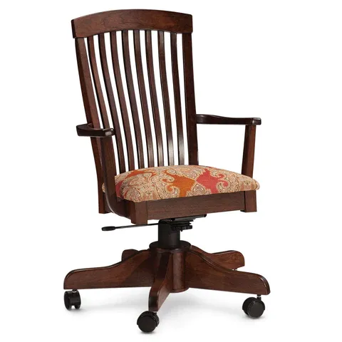 A wooden office chair with wheels on a white background