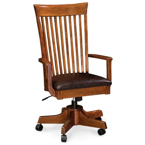 A wooden office chair with wheels on a white background