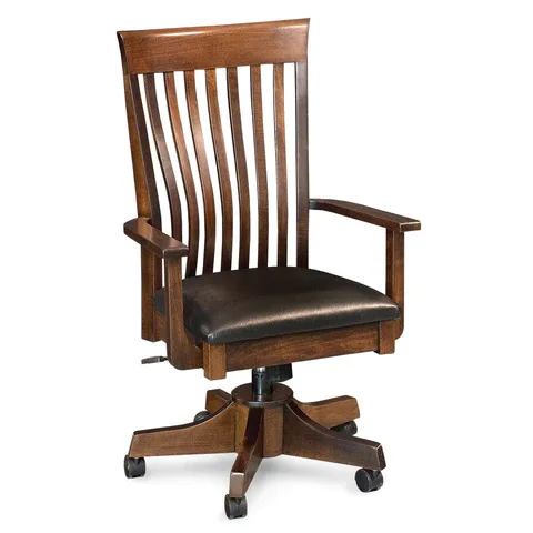 A wooden office chair with wheels on a white background.