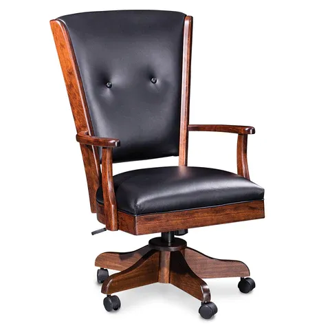 A wooden office chair with wheels and a black leather seat