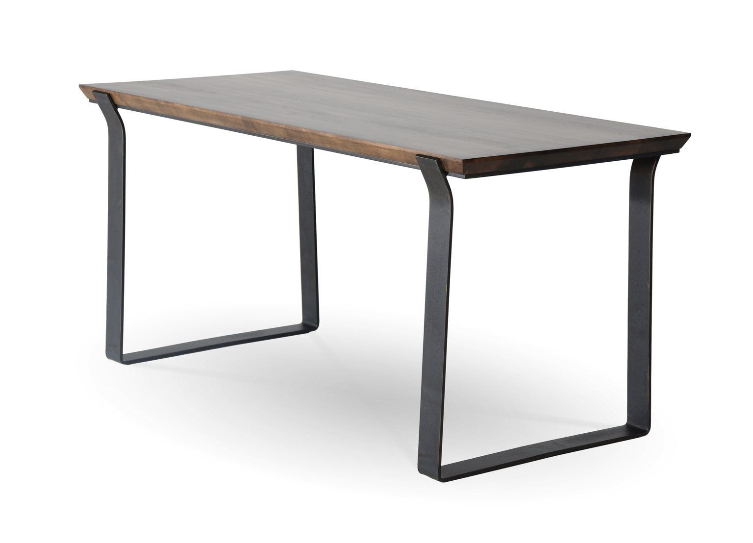 A wooden table with a metal frame on a white background.