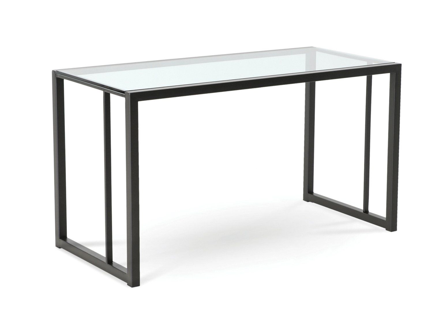 A glass desk with a black frame on a white background.