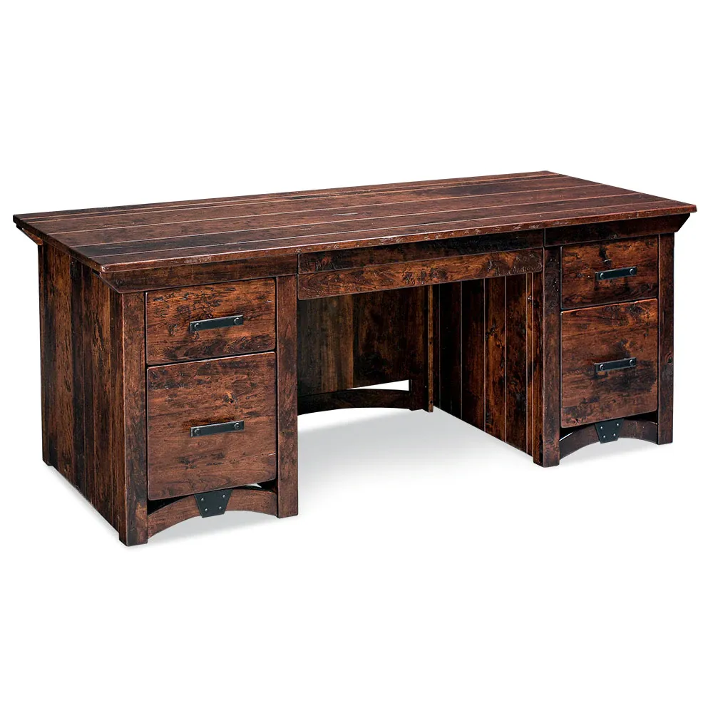A wooden desk with drawers on a white background