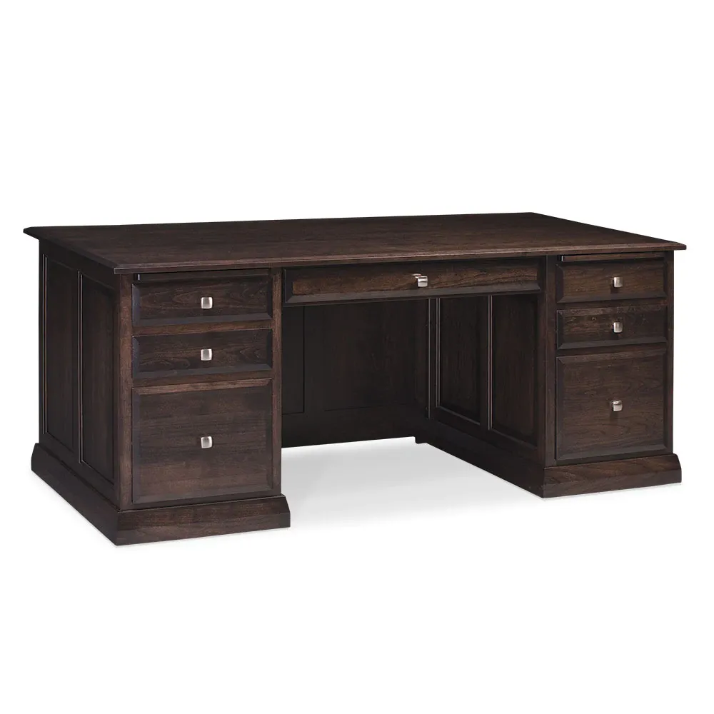 A dark wooden desk with drawers on a white background