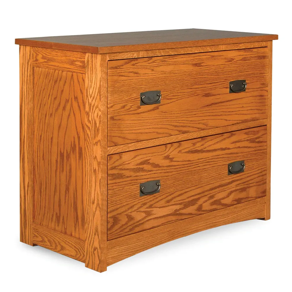 A wooden filing cabinet with two drawers on a white background