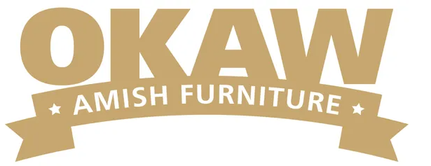 A logo for okaw amish furniture with a ribbon.