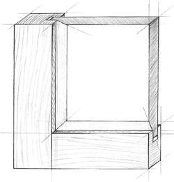 A black and white drawing of a wooden box