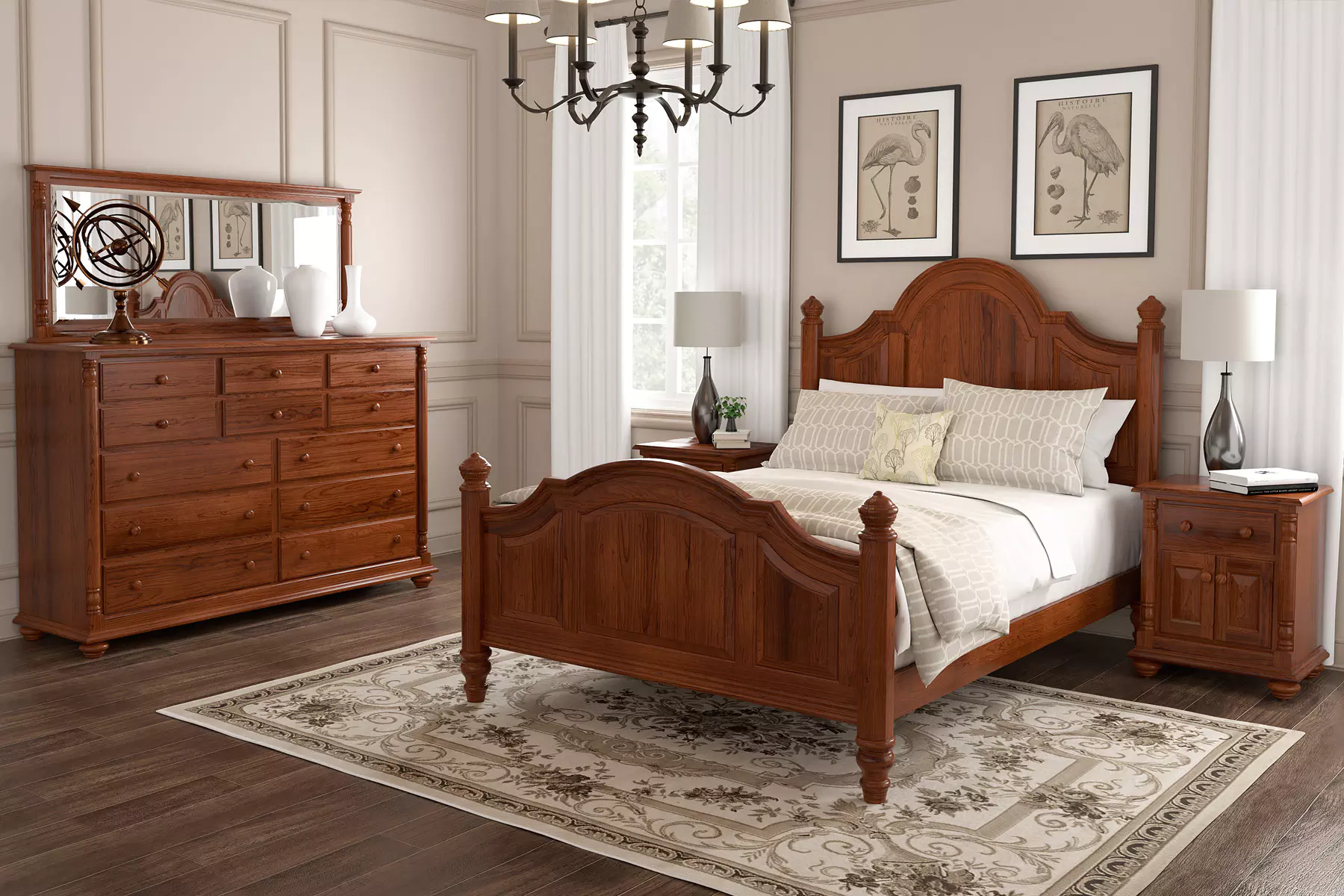 A bedroom with a bed , dresser , nightstand , mirror and rug.