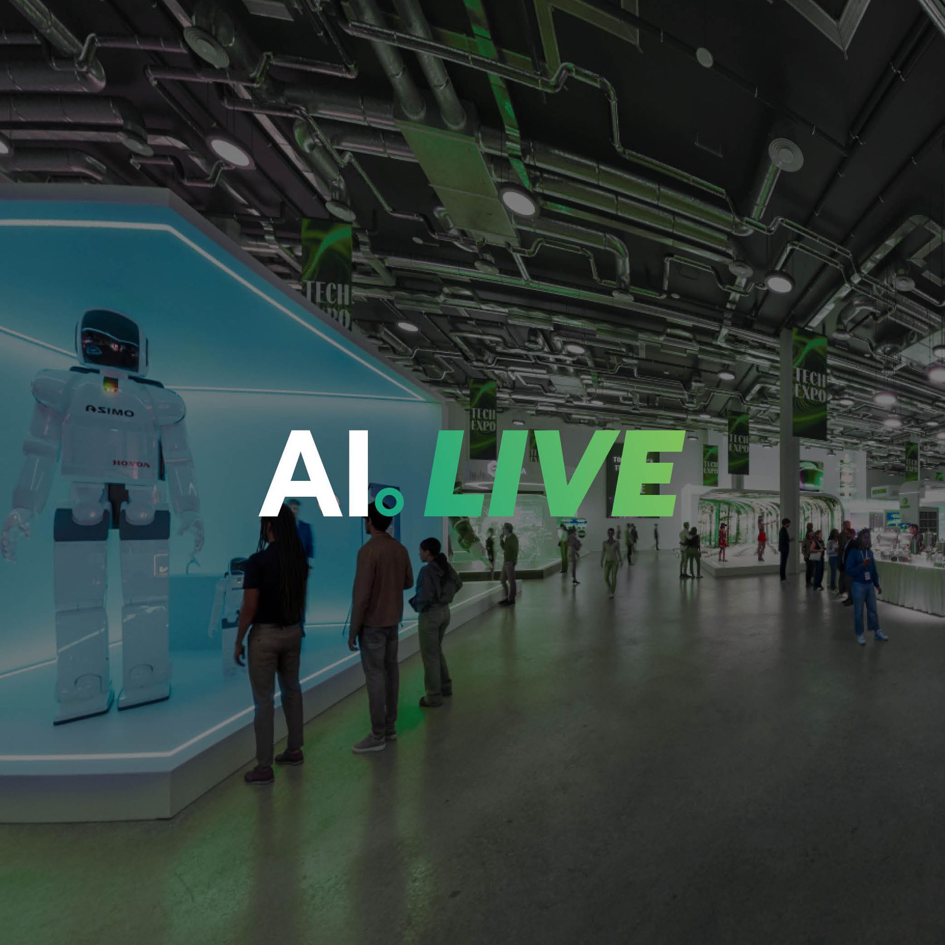 A group of men are sitting in front of a red background with the words tech & ai live on it.