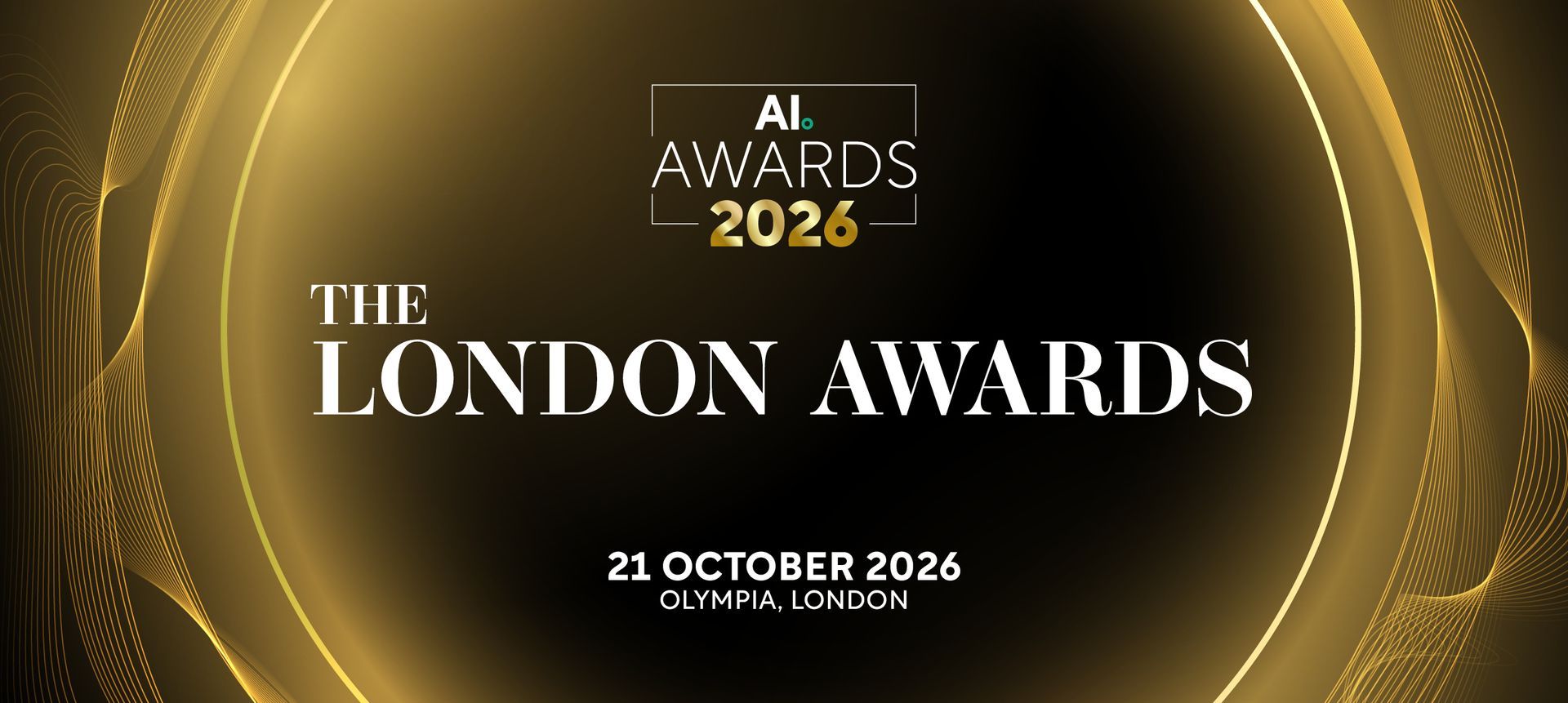 AI Awards 2026, The London Awards on October 21, 2026, at Olympia London, with gold and black design.