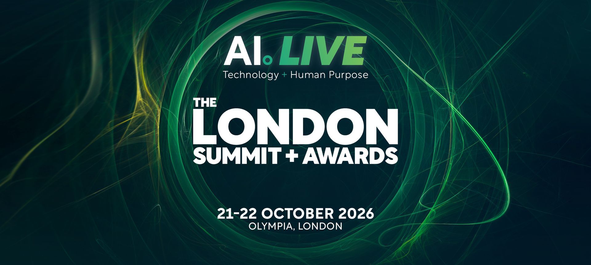 AI Awards 2026, The London Awards on October 21, 2026, at Olympia London, golden and black design.