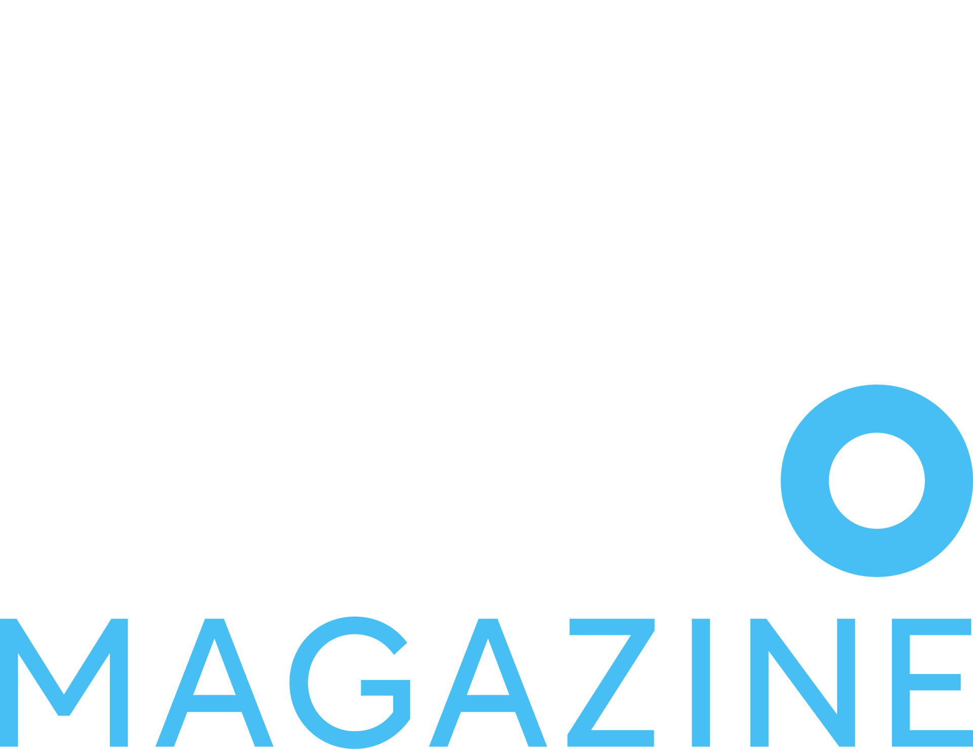 A blue and white logo for a magazine on a white background.