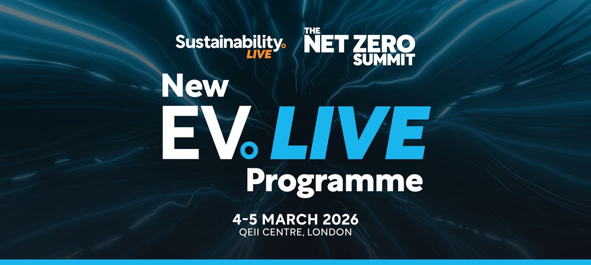 Poster for New EV Live Programme, part of The Net Zero Summit, March 4-5, 2026, London. Blue, white text on a dark background.