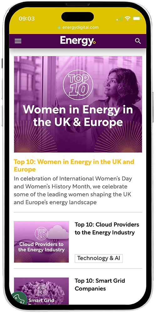 A cell phone displaying a page about women in energy in the uk and europe.