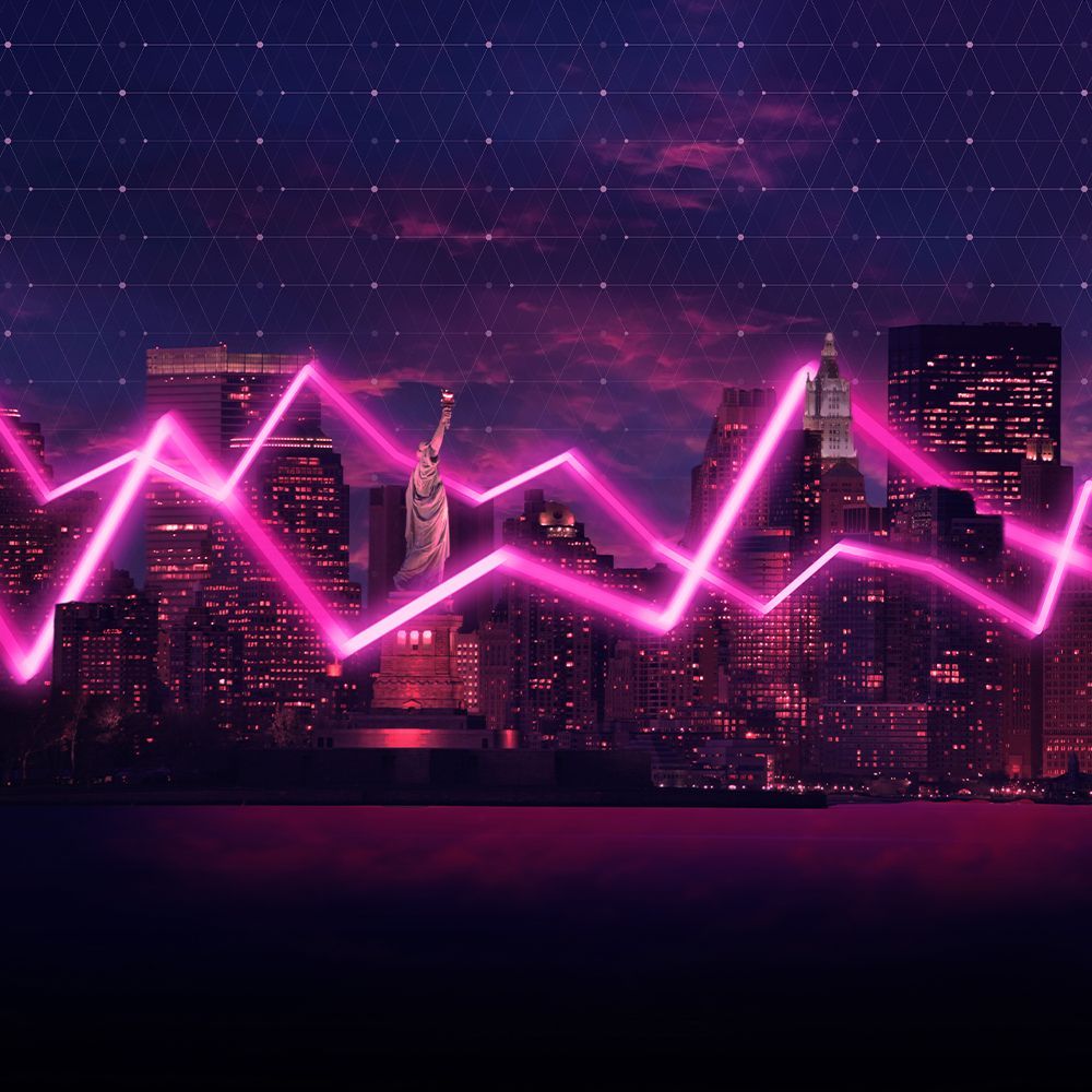 A city skyline with a statue of liberty in the foreground