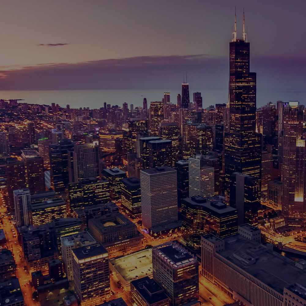 An aerial view of the city of chicago at night