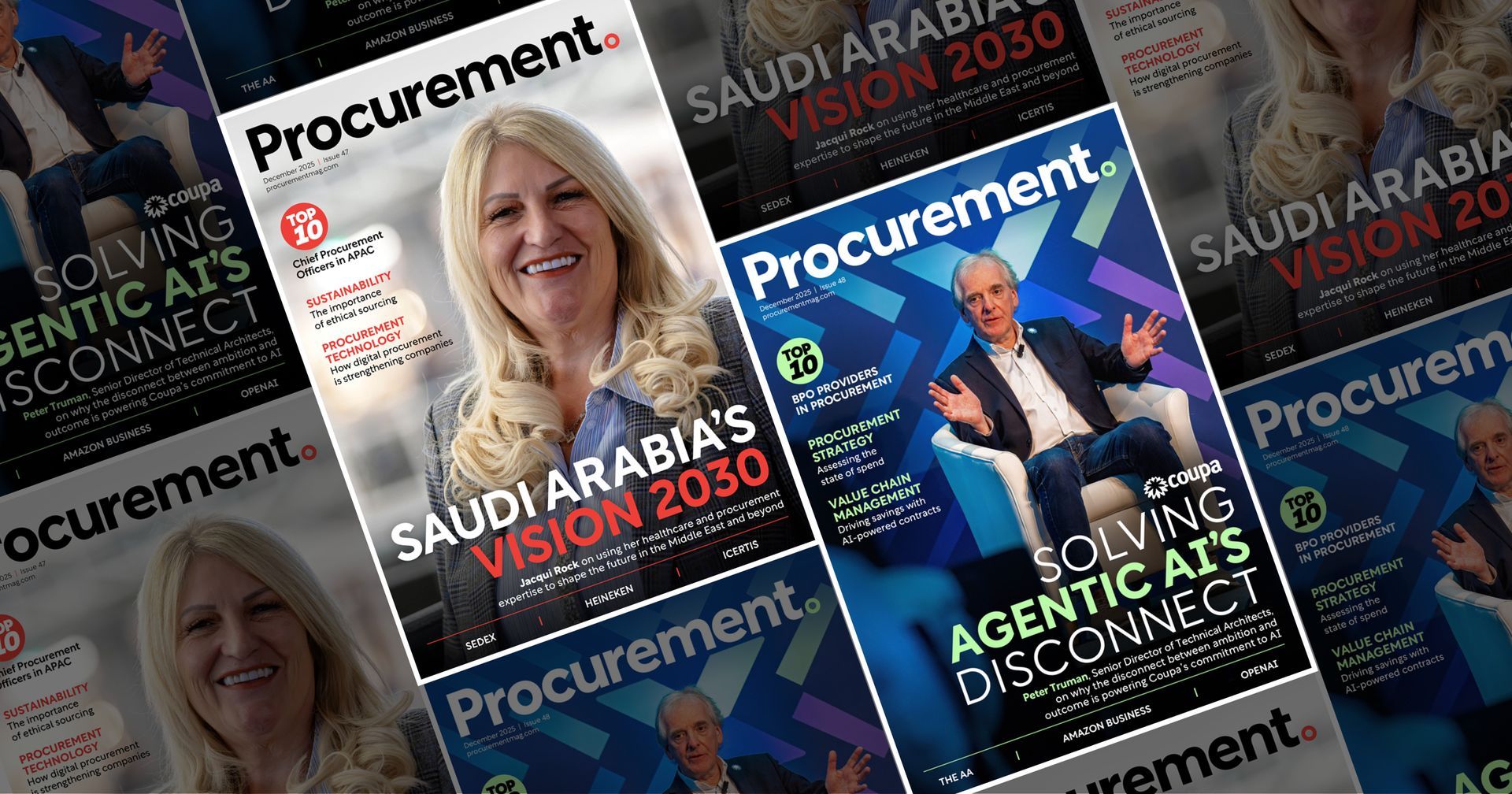 Procurement magazine covers featuring a woman and a man, with