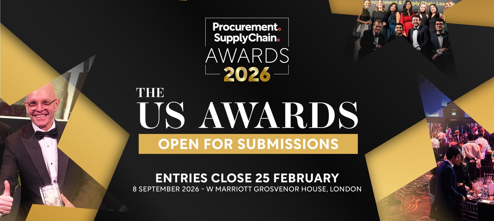Promotional banner for the US Awards 2026, with people, gold and black design. Entries close February 25.