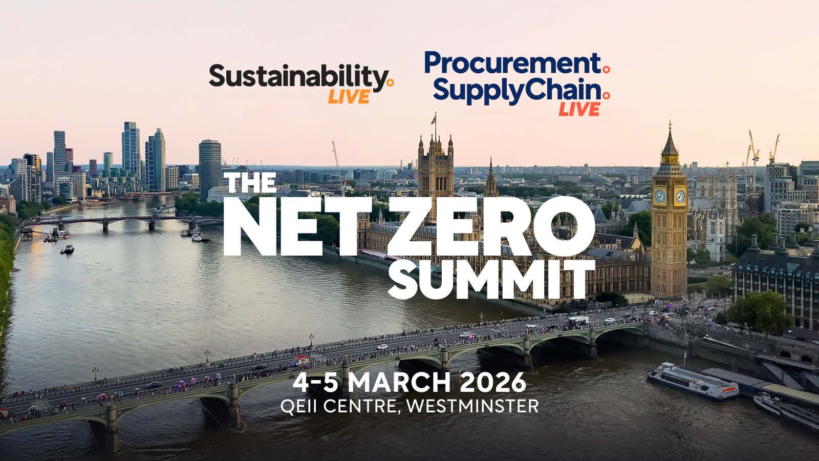 Promotional graphic for Net Zero Summit in London. Features city skyline, river, and bridge. Event dates: March 4-5, 2026.