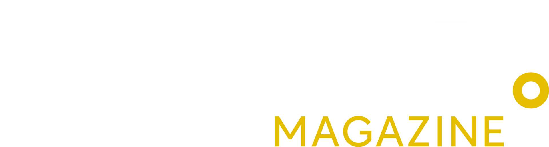 A white background with the word magazine in yellow letters.