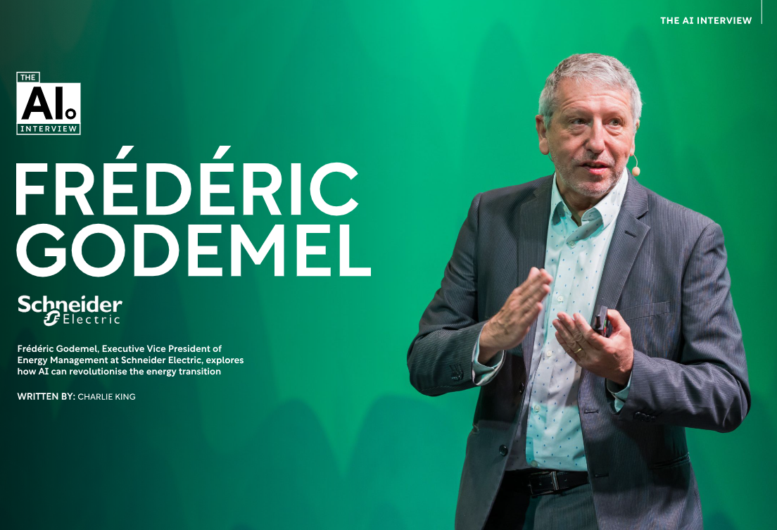 Frédéric Godemel presenting for Schneider Electric. He's on a green backdrop with the AI logo.