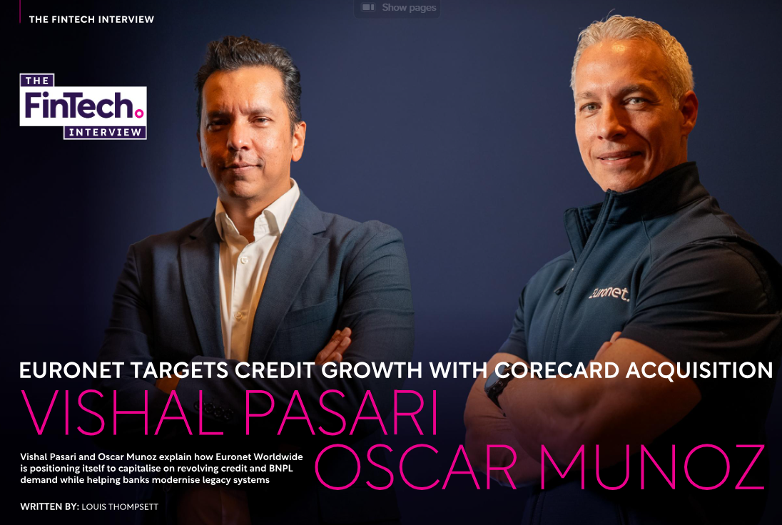 Two men in suits against a dark background, discussing credit growth. Vishal Pasari and Oscar Munoz.