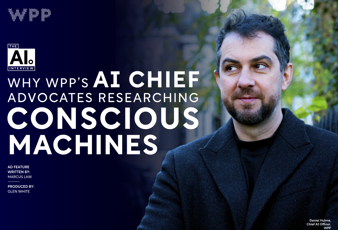 WPP's AI Chief, a man with a beard, in a dark coat, advocates researching conscious machines. Blue background with text.