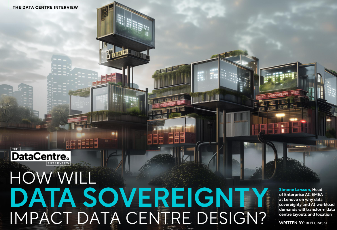 Futuristic data center complex over water; greenery, shipping containers, and city background. 